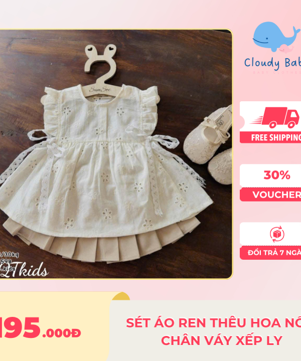 Sét áo ren thêu hoa nổi phối tay bèo + chân váy xếp ly kèm quần trong