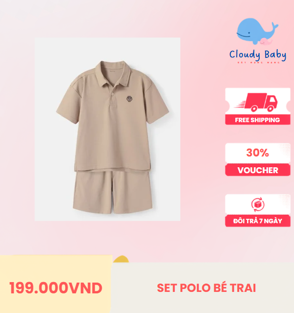 Set Polo Form Rộng Bé Trai Siêu Nhẹ Ultra Light Nâu Nhạt